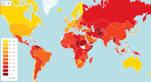 The Sunlight Foundation's map of Transparency International data for corruption in 2012. Again, Kenya is not ranked as worst, though  there is clearly progress to be made.